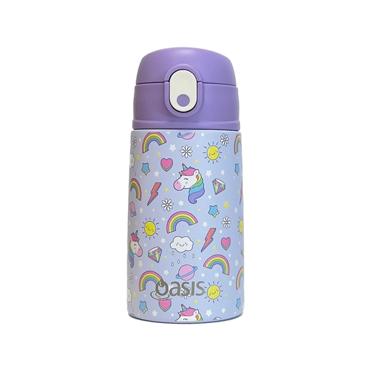 Oasis Kids Water Bottle with Sipper Silicone Straw 400ML (Rainbow Unicorns - Purple)