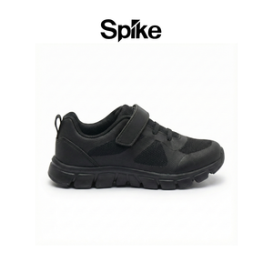 Black children's shoe with a visible 'Spike' logo on a white background