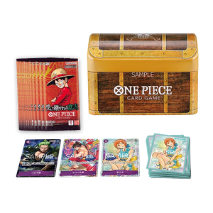 One Piece card game packaging with character cards and wooden chest on a white background
