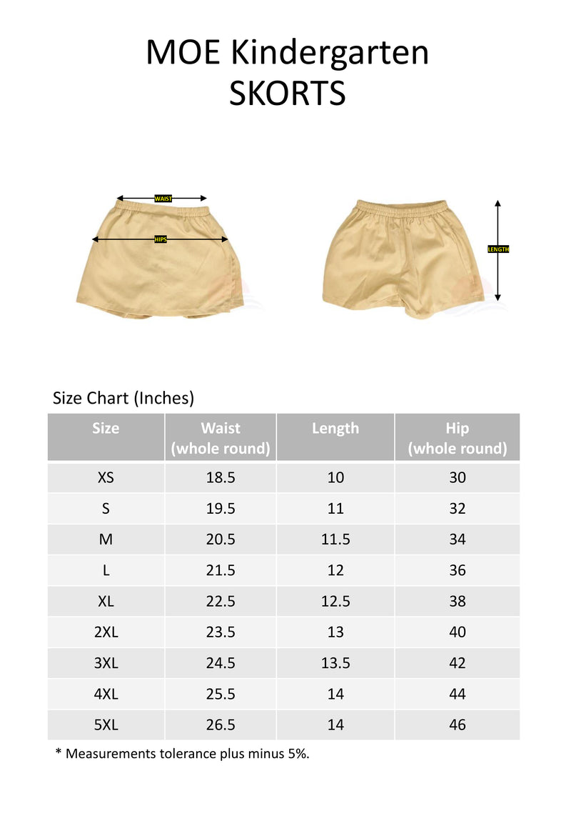 MOE Kindergarten Skorts Sizing Chart